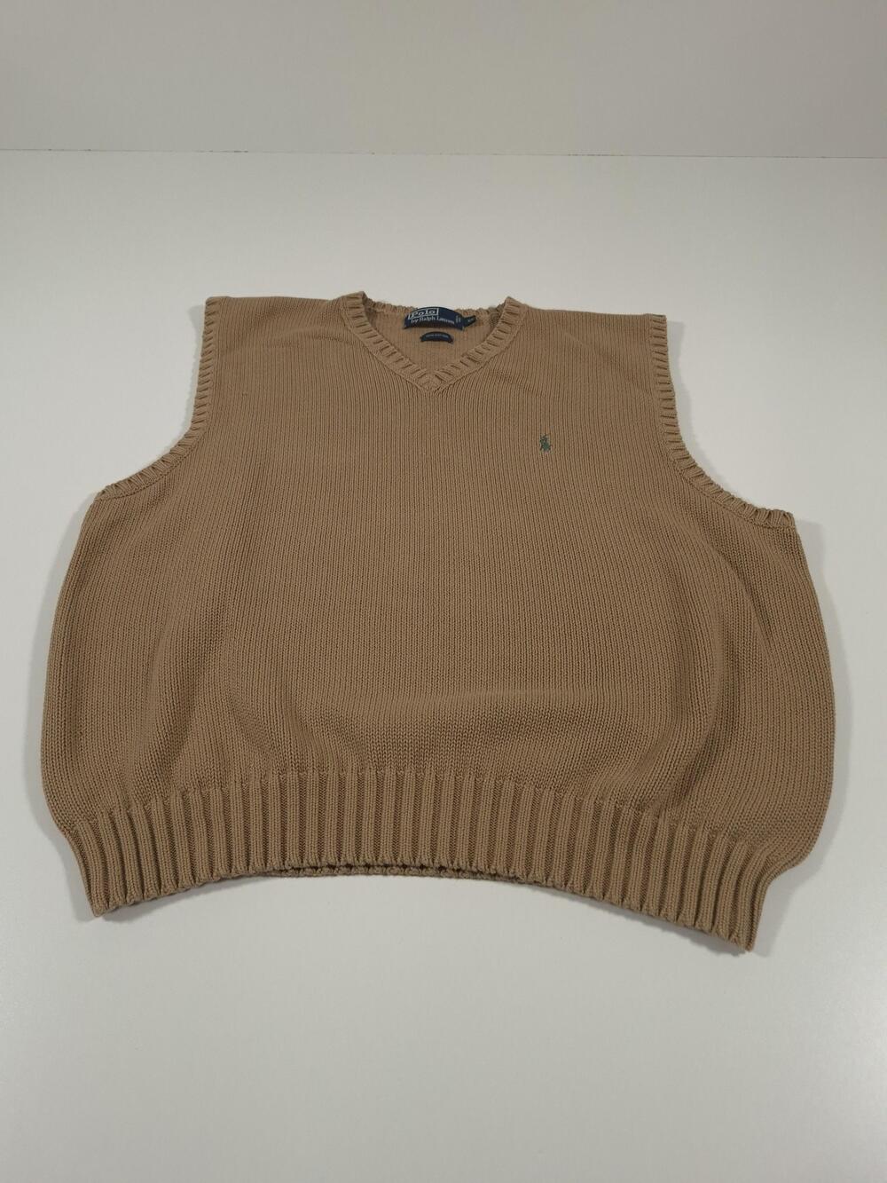 Polo By Ralph Lauren Sweater Vest Mens XL Beige 100% Cotton V Neck Knit Pullover